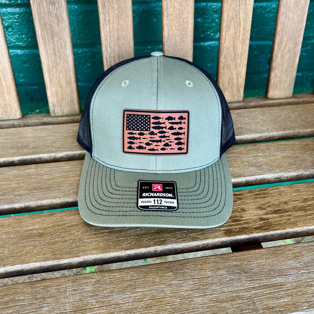 NEW! Richardson Olive and Black Trucker Hat with Fish Flag Patch